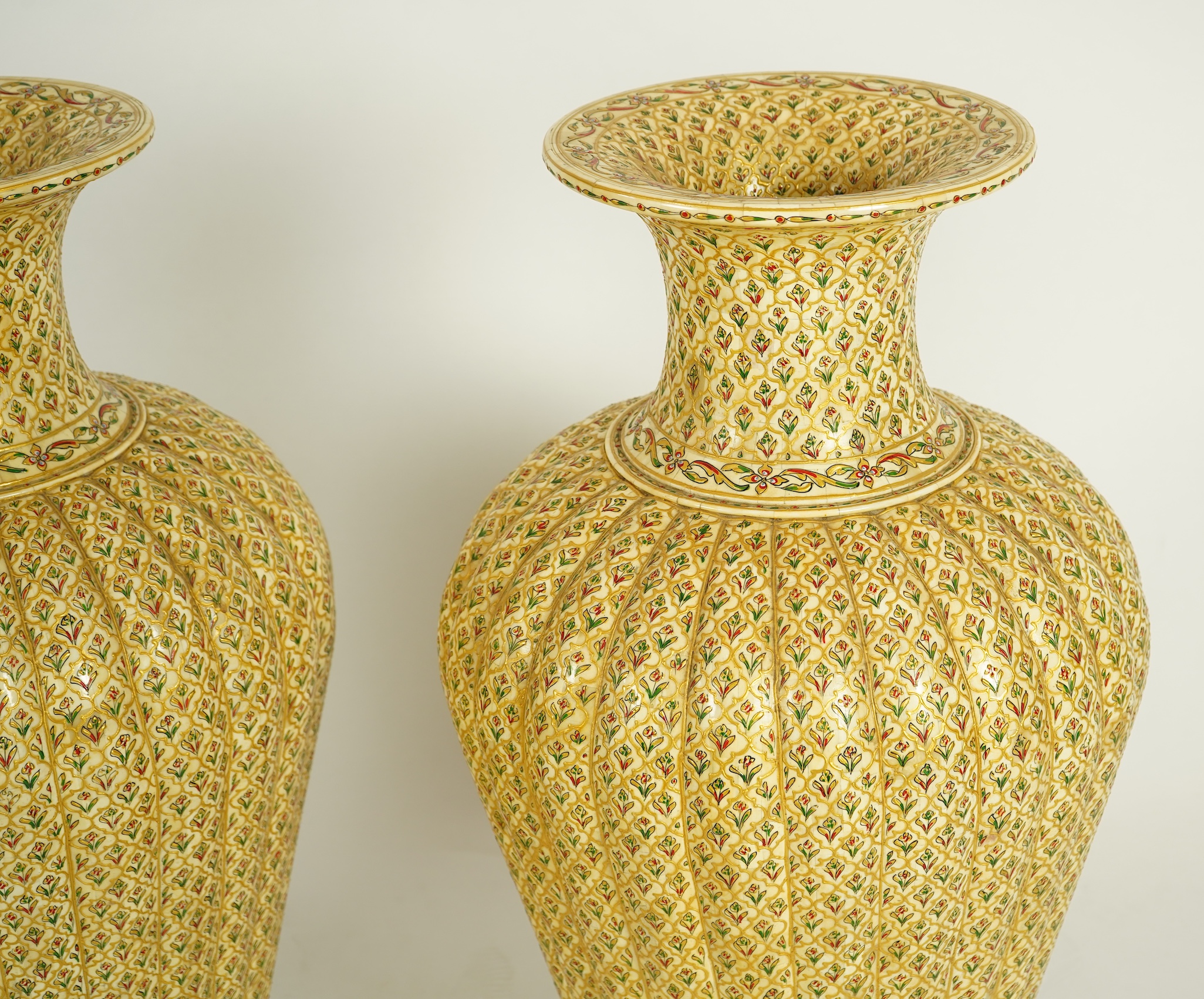 A pair of large Indian painted bone veneered vases, in Mughal style